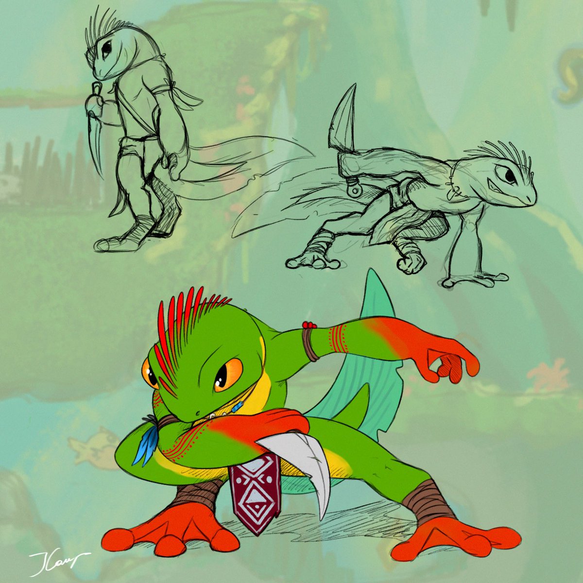 JCamp_art's tweet photo. Back when I was still in school I had to imagine a 2D platform/metroidvania game previsual as an exercise,  and the main protagonist I came up with was a young frog warrior roaming around the sub-forest with a fearless heart and an adventurous spirit! https://t.co/aoBYXLBWhQ