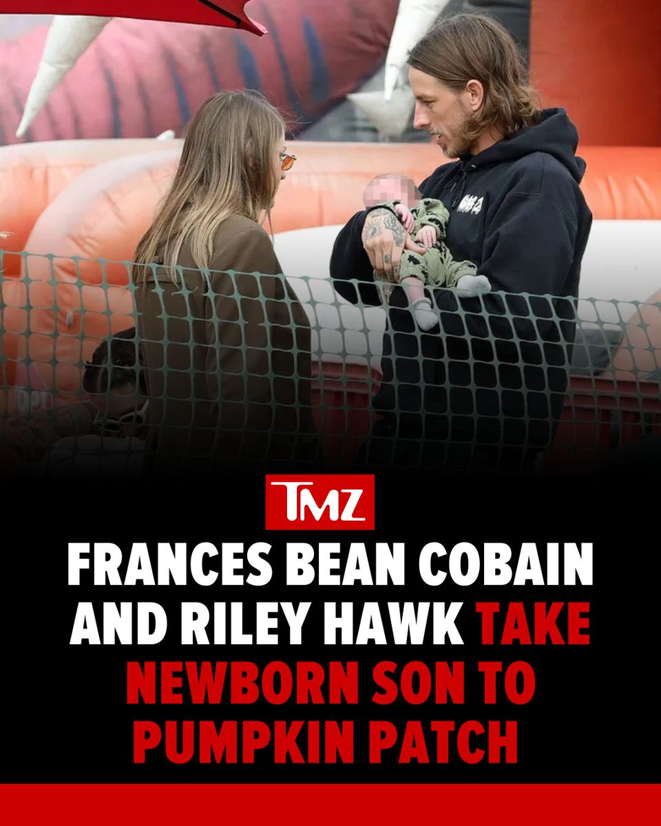 TMZ's tweet photo. #FrancesBeanCobain and her hubby #RileyHawk were in full-on doting parent mode this weekend, taking their newborn son Ronin Walker Cobain Hawk on a cute adventure to the pumpkin patch! π https://t.co/iNe3V7DLa1