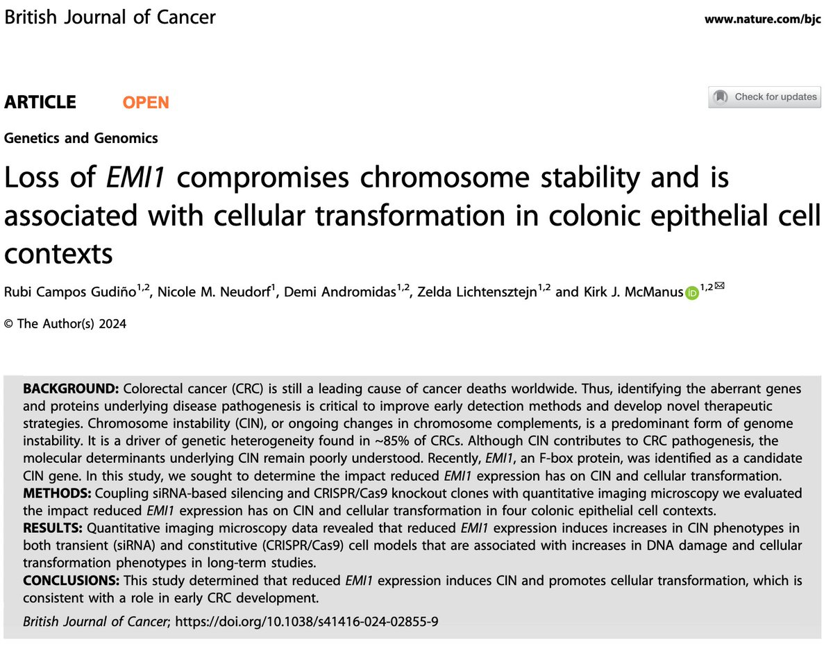 Congrats to @rubicamposg and team for their article in <a href="/BrJCancer/">British Journal of Cancer</a> showing that EMI1 regulates chromosome stability and discussing how its abnormal expression impacts #cancer development: rdcu.be/dVL0m
Support from: <a href="/CRSNG_NSERC/">CRSNG / NSERC</a> <a href="/SRC_CRS/">Cancer Research Society</a> <a href="/QuIPS_Platform/">QuIPS_Platform</a>  <a href="/CancerCareMBFdn/">CancerCare Manitoba Foundation</a>