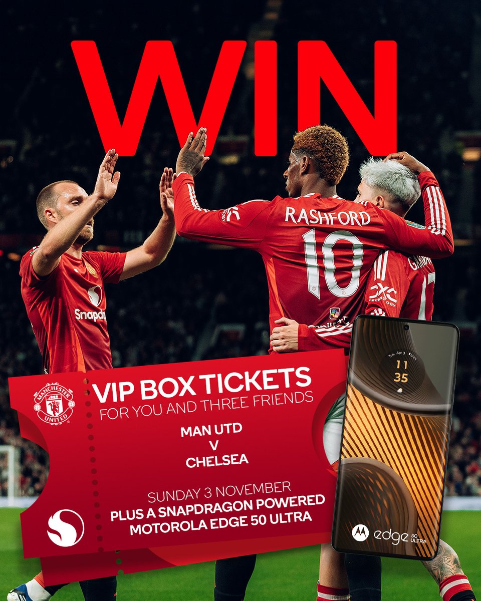 WIN a VIP <a href="/ManUtd/">Manchester United</a> v Chelsea experience! Three of you will each win:

🎟️ Box tickets for you and 3 friends for Man Utd v Chelsea
🔴 A Man Utd home shirt
📱 A Snapdragon powered Motorola #edge50ultra

To enter:
✅ Follow <a href="/Snapdragon_UK/">Snapdragon UK</a>
🗣️ Tag the mates you'd bring to the box!