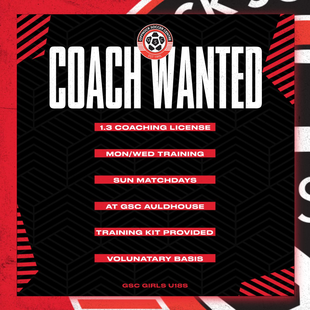 𝗖𝗢𝗔𝗖𝗛 𝗪𝗔𝗡𝗧𝗘𝗗 🔴⚽⚫ 

GSC Girls U18s are looking for a new coach for the upcoming 2024/25 season 👔 

📩 Interested? Contact kennethwilson@talktalk.net 

Full details below 🔽 

#monthenock #gscfamily