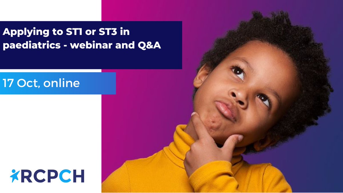 Are you planning to apply to paediatrics at ST1 or ST3? Join us for this informative webinar where we go through the application process and answer your recruitment queries.  queries

Visit: ow.ly/azjc50TEn1j

#ChoosePaediatrics