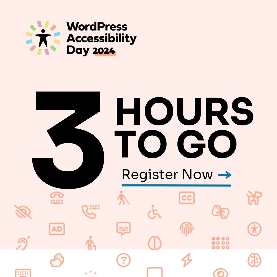 Countdown to #WPAD2024! Three hours to go.
Opening Speaker Bet Hannon at 14:45 UTC, 10:45 AM America/New_York
Keynote Speaker at 15:00 UTC, 11:00 AM America/New_York
buff.ly/3WUSnxt 

#WPAccessibilityDay #WebAccessibility #InclusiveDesign #a11yEvents #accessibility #a11y
