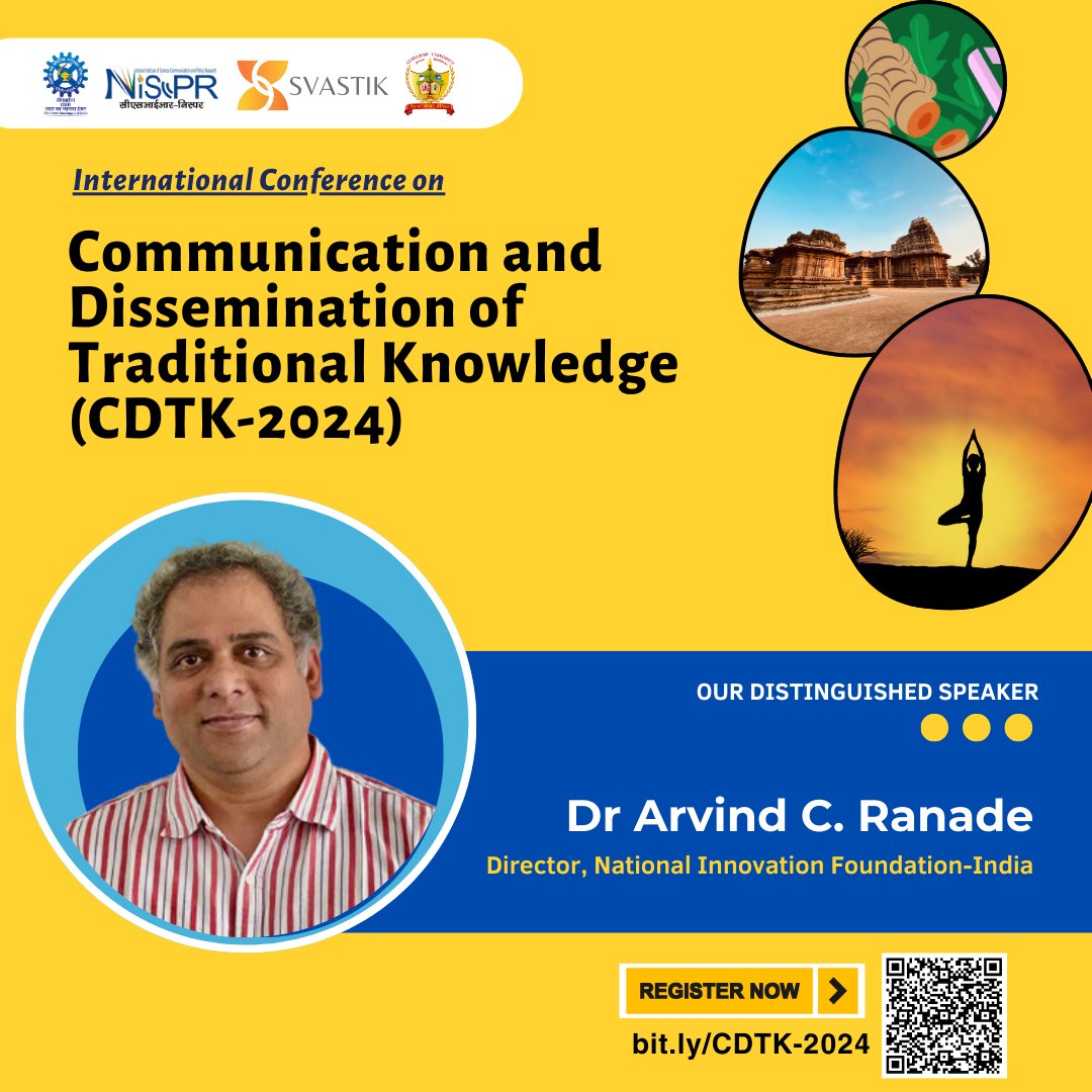 NIScPR-SVASTIK (@niscpr_svastik) on Twitter photo Dr. <a href="/ranade_arvind/">Arvind Ranade</a>, Director of <a href="/nifindia/">NIF - India</a>, will be one of our distinguished speakers at #CDTK2024.
The registration deadline for #CDTK2024 is 15th October.
Don’t miss out—register now! - bit.ly/CDTK-2024
<a href="/CSIR_NIScPR/">CSIR-NIScPR</a> <a href="/PMOIndia/">PMO India</a> <a href="/CSIR_IND/">CSIR, India</a> <a href="/Ranjana_23/">Ranjana Aggarwal</a> <a href="/moayush/">Ministry of Ayush</a> Dr. <a href="/ranade_arvind/">Arvind Ranade</a>, Director of <a href="/nifindia/">NIF - India</a>, will be one of our distinguished speakers at #CDTK2024.
The registration deadline for #CDTK2024 is 15th October.
Don’t miss out—register now! - bit.ly/CDTK-2024
<a href="/CSIR_NIScPR/">CSIR-NIScPR</a> <a href="/PMOIndia/">PMO India</a> <a href="/CSIR_IND/">CSIR, India</a> <a href="/Ranjana_23/">Ranjana Aggarwal</a> <a href="/moayush/">Ministry of Ayush</a>