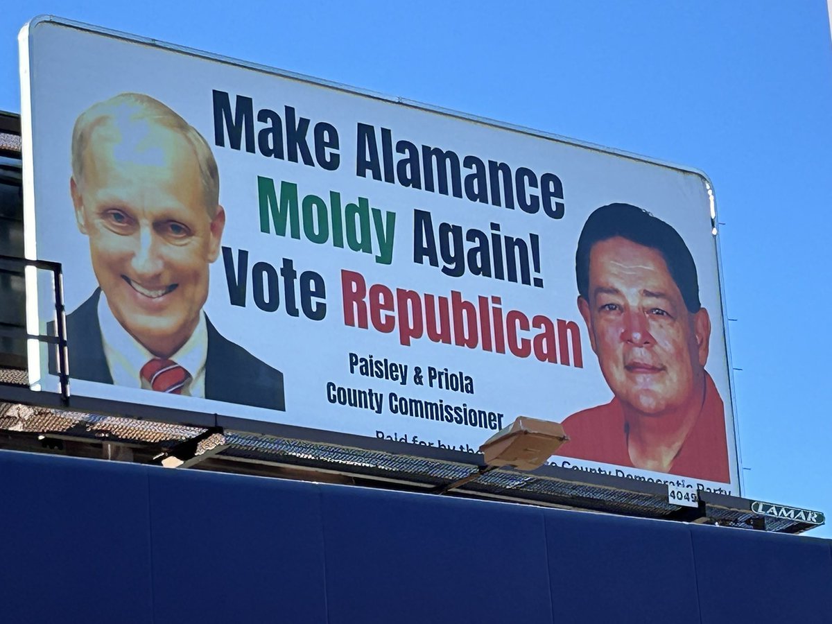 ElizBRead's tweet photo. Repercussions from last year’s ABSS mold crisis continue in Alamance County. This billboard went up this week ahead of the election. https://t.co/MuuWewcNwI