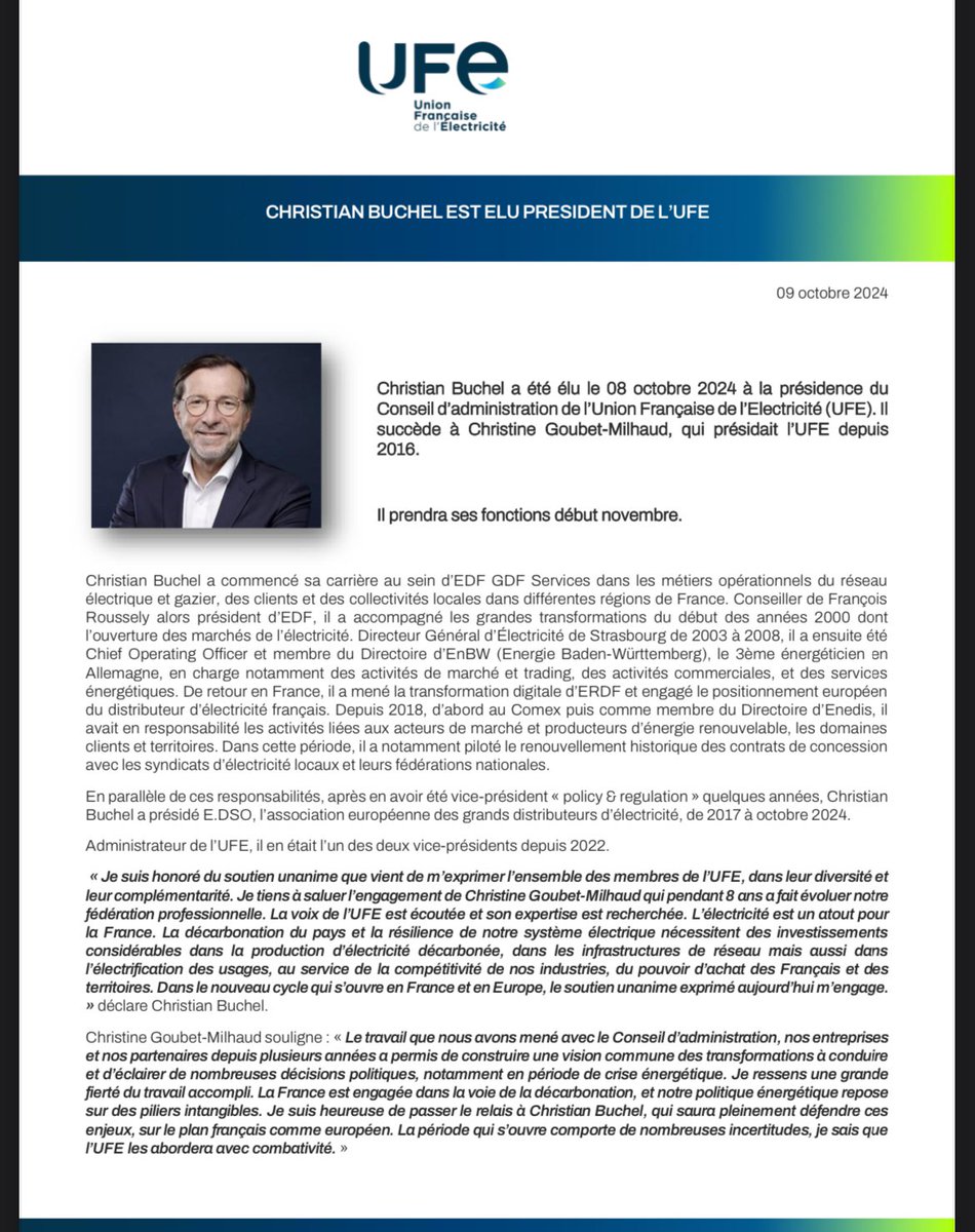 Félicitations à <a href="/ChristianBuchel/">Christian Buchel</a> pour son élection à la présidence de l’<a href="/ufelectricite/">Union Française de l'Électricité (UFE)</a> !

⚡ Son action sera clé pour accélérer la décarbonation et renforcer la souveraineté énergétique de la France et de l’Europe.

Un grand merci à Christine Goubet-Milhaud pour son engagement.