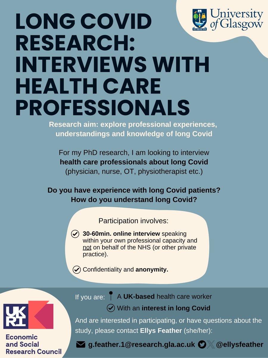 Ellys Feather (@ellysfeather) on Twitter photo 🚨 CALL FOR PARTICIPANTS 🚨
For my PhD research, I am looking to interview UK clinicians about their experiences and understandings of #longCovid
If you would like to chat or have any questions, please DM or email me:
g.feather.1@research.gla.ac.uk
RTs appreciated 😊 🚨 CALL FOR PARTICIPANTS 🚨
For my PhD research, I am looking to interview UK clinicians about their experiences and understandings of #longCovid
If you would like to chat or have any questions, please DM or email me:
g.feather.1@research.gla.ac.uk
RTs appreciated 😊