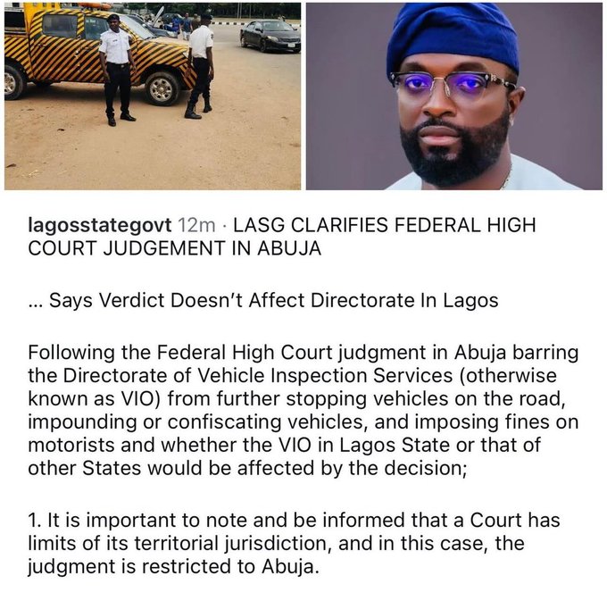 instablog9ja's tweet image. FCT court judgement banning VIO from impounding cars does not affect our state — Lagos State Govt