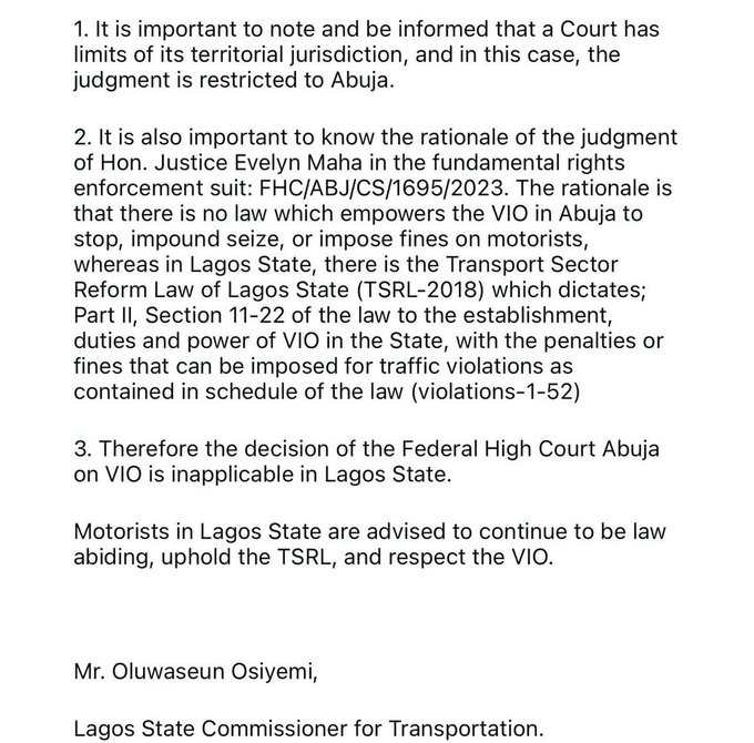 instablog9ja's tweet image. FCT court judgement banning VIO from impounding cars does not affect our state — Lagos State Govt