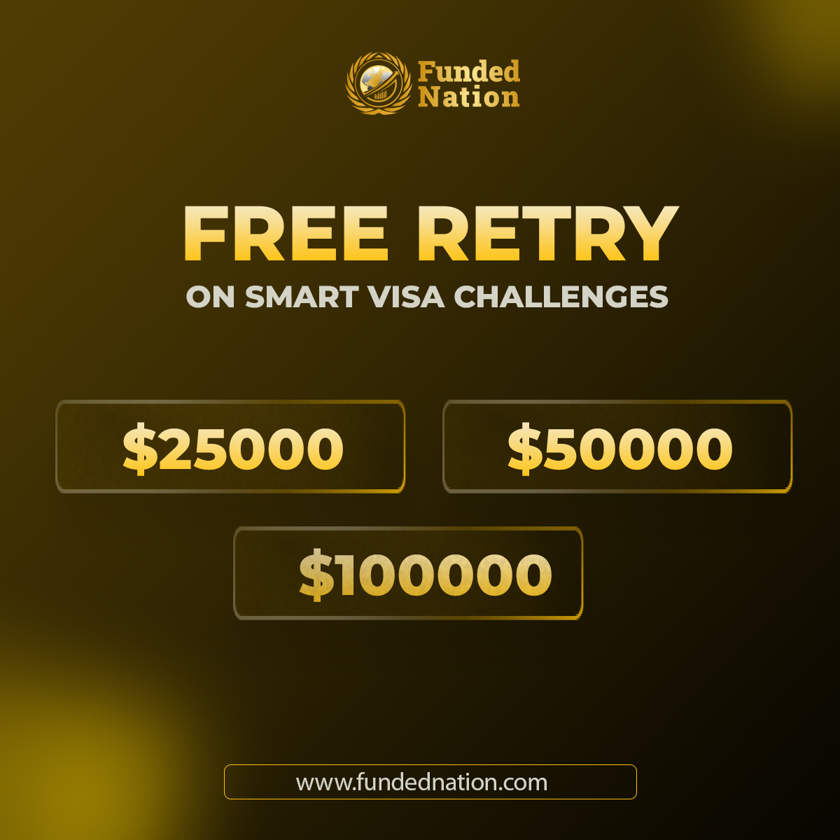 🚨 Exciting News! 🚨 
We’re offering a FREE retry on $25K, $50K, and $100K Smart Visa Challenge accounts!  If you don’t pass the first time, you’ll receive a promo code to try again. Don’t miss out! #SmartVisaChallenge #FreeRetry #fundednation