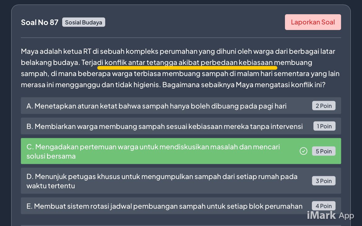 vindikasi's tweet photo. Sesuai permintaan, banyak yg minta pembahasan SOSIAL BUDAYA Test SKD CPNS, ini pembahasannya + 34 contoh soalnya (dalam thread) ya

Ada 9 type pertanyaan & jawaban di Sosbud :

1. Perdebatan/pendapat berbeda :
Dengar pendapat atau alasan, kemudian bahasa bersama.

2. Beda budaya/agama/konflik di tim atau kantor, ada 3 kemungkinan :
- Rapat untuk menyamakan langkah
- Diskusi cari solusi
- Workshop komunikasi budaya

3. Komunikasi/adat berbeda/penyesuaian diri :
- Riset tentang komunikasi atau adat
- Menghormati perbedaan

4. Beda pendapat di masyarakat :
- Rapat/diskusi dengar pendapat
- Dialog di masyrakat

5. Anggota tim dikucilkan/ga nyaman
Diskusi tentang perasaan

6. Klien dgn tradisi berbeda :
Diskusi dan menyesuaikan diri

7. Mengadopsi budaya asing :
Pengamatan, penelitian

8. Ada org yg ga disukai masyarakat 
Tetap bertegur sapa & diajak dialog

9. Dll agak random