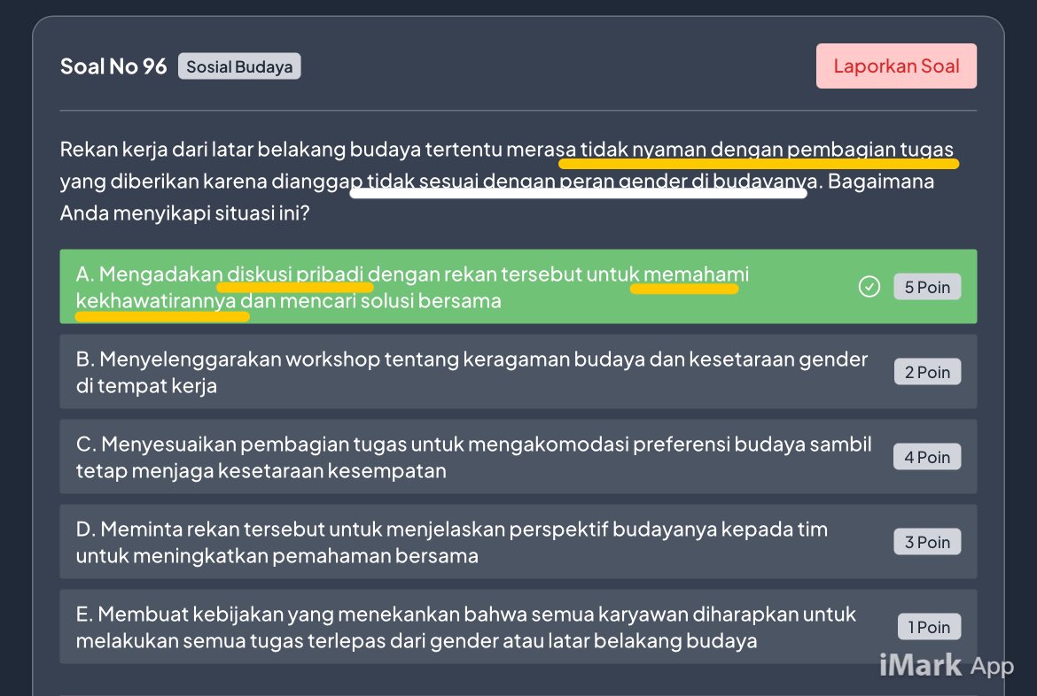 vindikasi's tweet photo. Sesuai permintaan, banyak yg minta pembahasan SOSIAL BUDAYA Test SKD CPNS, ini pembahasannya + 34 contoh soalnya (dalam thread) ya

Ada 9 type pertanyaan & jawaban di Sosbud :

1. Perdebatan/pendapat berbeda :
Dengar pendapat atau alasan, kemudian bahasa bersama.

2. Beda budaya/agama/konflik di tim atau kantor, ada 3 kemungkinan :
- Rapat untuk menyamakan langkah
- Diskusi cari solusi
- Workshop komunikasi budaya

3. Komunikasi/adat berbeda/penyesuaian diri :
- Riset tentang komunikasi atau adat
- Menghormati perbedaan

4. Beda pendapat di masyarakat :
- Rapat/diskusi dengar pendapat
- Dialog di masyrakat

5. Anggota tim dikucilkan/ga nyaman
Diskusi tentang perasaan

6. Klien dgn tradisi berbeda :
Diskusi dan menyesuaikan diri

7. Mengadopsi budaya asing :
Pengamatan, penelitian

8. Ada org yg ga disukai masyarakat 
Tetap bertegur sapa & diajak dialog

9. Dll agak random