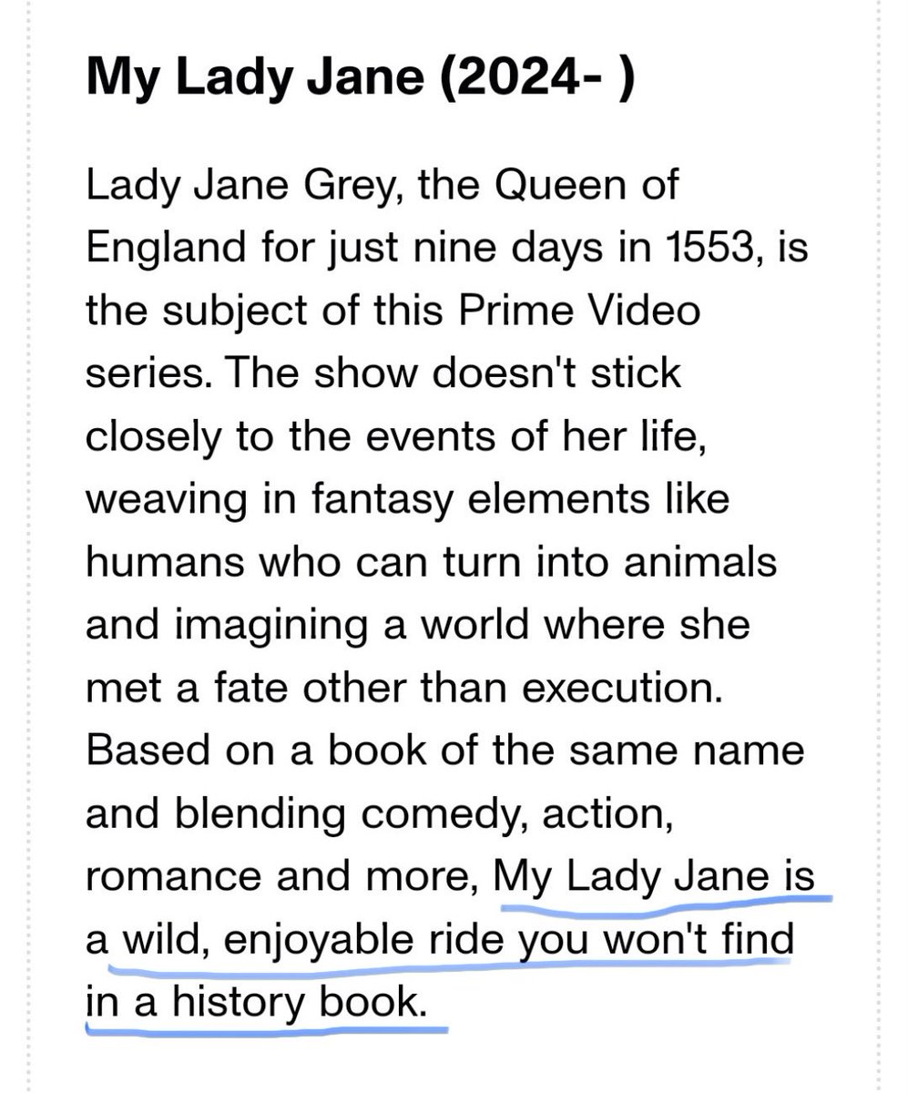 Thank you to <a href="/CNET/">CNET</a> for smartly including My Lady Jane on this list of top shows on <a href="/PrimeVideo/">Prime Video</a>. For a cancelled show (wrongly) it sure makes a lot of "best of" lists. #SaveMyLadyJane cnet.com/tech/services-…