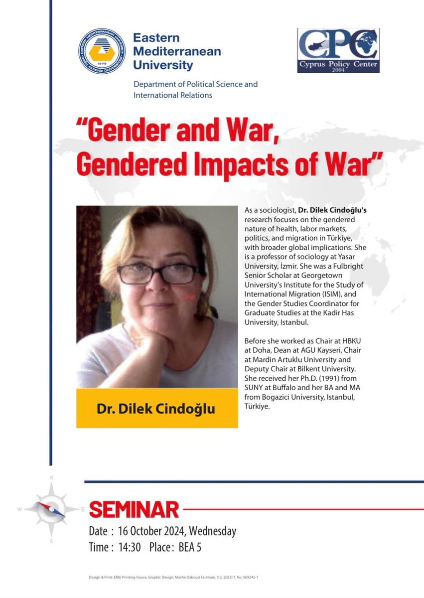 psir_emu's tweet photo. Join us for an interesting seminar titled “Gender and War, Gendered Impacts of War” with Dr. Dilek Cindoglu.

🗓16 October 2024, Wednesday
⏰14:30
📍BEA5 https://t.co/LNTVkauz2H