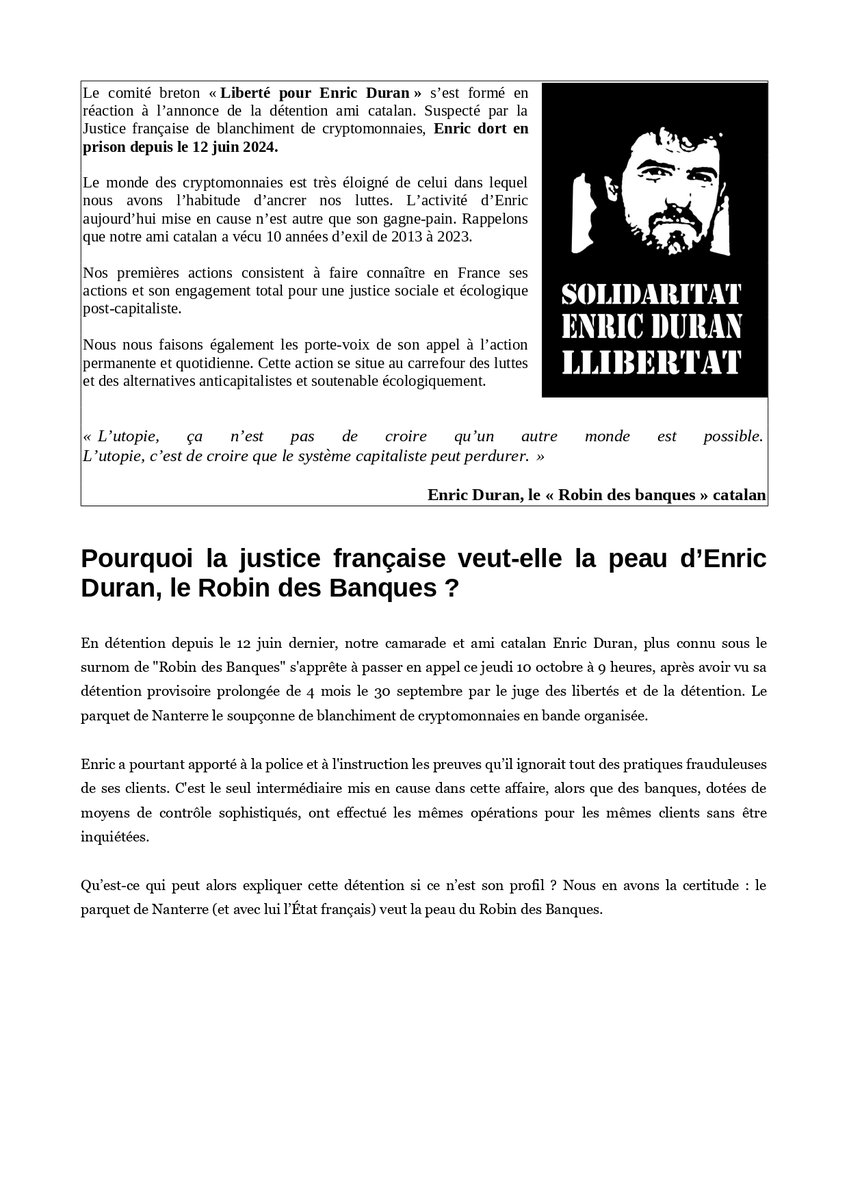 EnricDuranLibre's tweet photo. Le premier communiqué du comité, à diffuser massivement !
Pourquoi Enric Duran aka "Robin des Banques" est-il en détention ?
Qui est-il et quels sont ses engagements ?
Quelles perspectives pour les mouvements sociaux ?
#EnricDuranLibre #EnricDuranLlibertat #FreeRobinBank https://t.co/PcMvTUGTXu