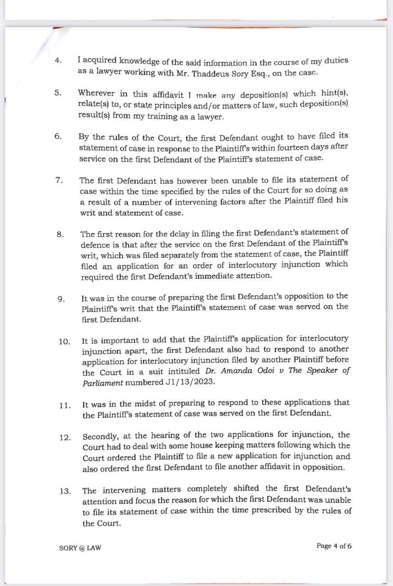 This shows that the first defendant's lawyer, Thaddeus Sory, is now requesting an extension of time to file the parliament's statement of case in response to Richard Sky's lawsuit for anti-LGBTQ