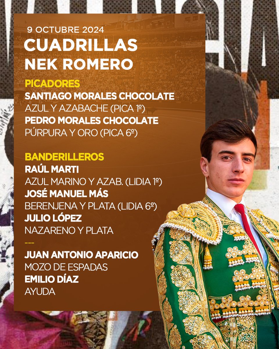 [👥𝗖𝗨𝗔𝗗𝗥𝗜𝗟𝗟𝗔𝗦] ¡Estas son las cuadrillas para una tarde histórica!  

🔥A las 18:00h. se lidian los de Juan Pedro y Garcigrande para la alternativa de Nek Romero, junto a Talavante y Enrique Ponce, que se despide de los ruedos españoles.