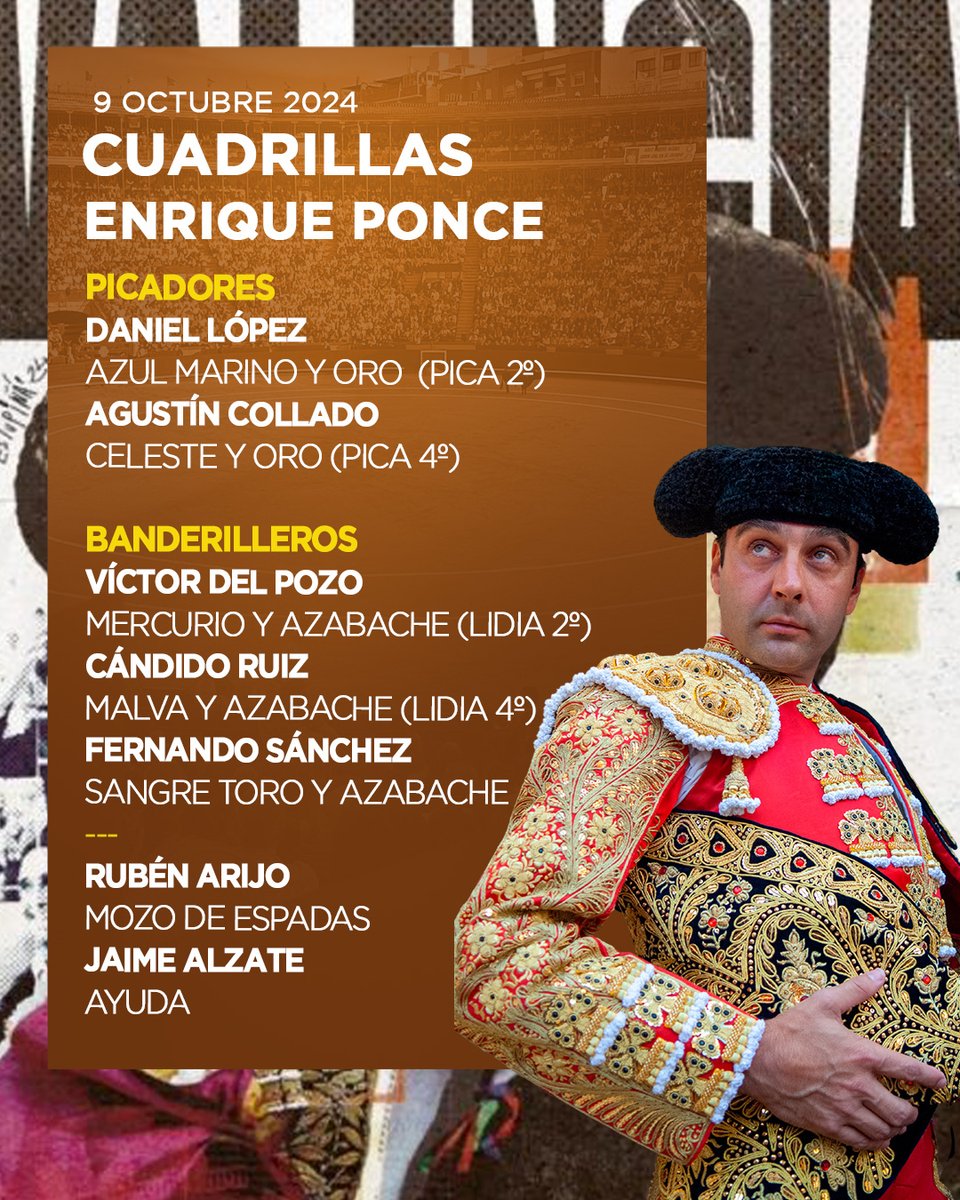 plazadevalencia's tweet photo. [👥𝗖𝗨𝗔𝗗𝗥𝗜𝗟𝗟𝗔𝗦] ¡Estas son las cuadrillas para una tarde histórica!  

🔥A las 18:00h. se lidian los de Juan Pedro y Garcigrande para la alternativa de Nek Romero, junto a Talavante y Enrique Ponce, que se despide de los ruedos españoles. https://t.co/6RE4U86L1u