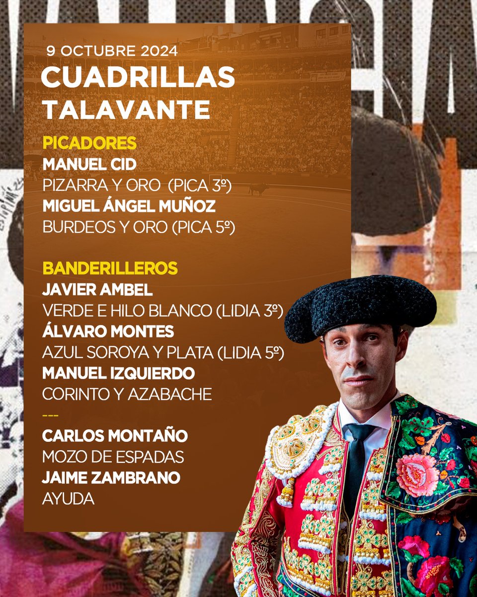 plazadevalencia's tweet photo. [👥𝗖𝗨𝗔𝗗𝗥𝗜𝗟𝗟𝗔𝗦] ¡Estas son las cuadrillas para una tarde histórica!  

🔥A las 18:00h. se lidian los de Juan Pedro y Garcigrande para la alternativa de Nek Romero, junto a Talavante y Enrique Ponce, que se despide de los ruedos españoles. https://t.co/6RE4U86L1u