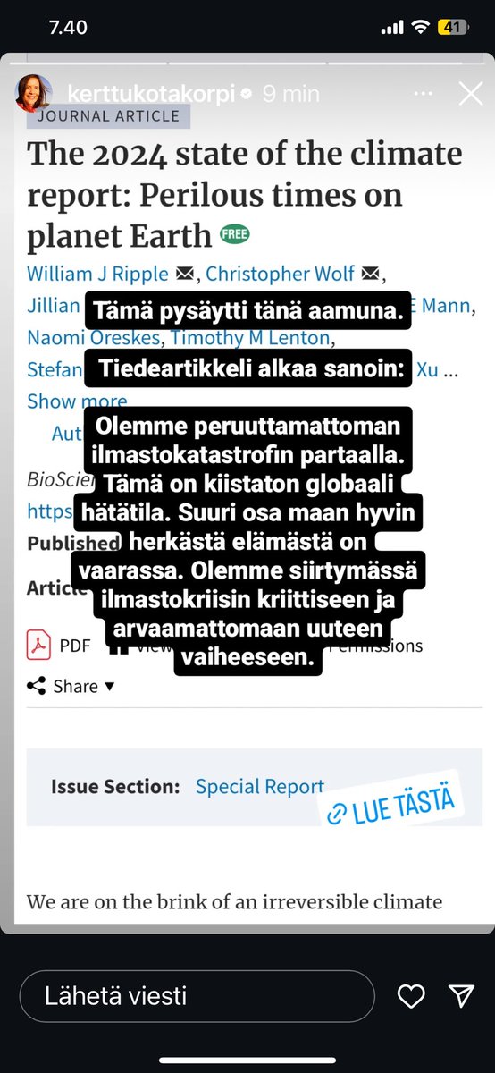 Juuri julkaistu15000 tutkijan raportti ja ⁦@KKotakorpi⁩ päivitykset muistuttivat millaisiin haasteisiin lastenlastemme joutuvat. Meidän sukupolvemme ja valitsemamme päättäjät vaikuttavat NYT siihen, onko tulevaisuus toivoton. Juuri nyt täytyy sanoa, ettei hyvältä näytä!