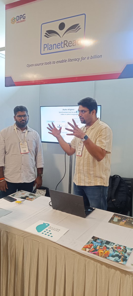PlanetRead's tweet photo. At #Code4Gov, we showcased three innovative tools: the Auto Aligner for syncing scripts to video, 3D augmented glasses for accessibility, and a search platform IndoMovieQuo. Empowering communities through the power of reading! #PlanetRead #LiteracyForAll #TechForGood #SLS https://t.co/vUpwXsB7Aa