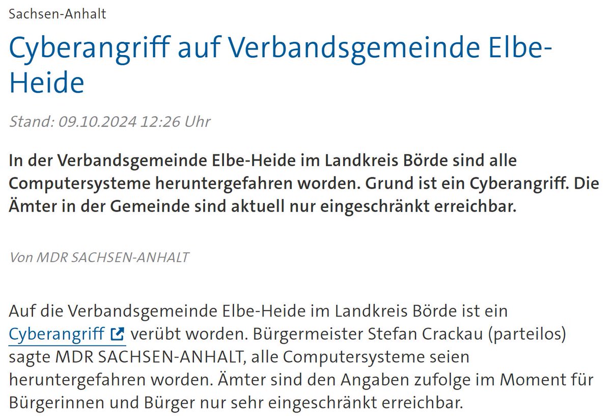 Dennis_Kipker's tweet image. Schon wieder die #kommunale #Cybersicherheit - wirtschaftlicher und personeller #Ressourcenmangel kann keine tragfähige Begründung für die #Nichteinhaltung von #Minimalstandards sein:
"Ämter sind den Angaben zufolge nur sehr eingeschränkt erreichbar."
tagesschau.de/inland/regiona…