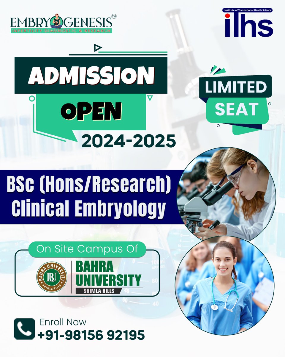EmbryoGenesiss's tweet photo. Admission Open for 2024-2025!

Limited seats available for BSc (Hons/Research) in Clinical Embryology at Bahra University, Shimla Hills.

Start your journey towards a rewarding career in fertility science and research.

Apply Now:
📞 98156 92195
📍 Bahra University Shimla Hills https://t.co/p2ZwsFxTMN