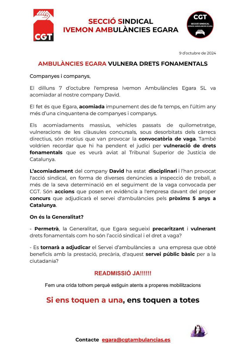 CGTSanitatBLlob's tweet photo. Des de la @CGTCatalunya demanem la readmissió del company David , perquè fer vaga és un dret de tota la classe treballadora i ningú a de coaccionar a ningú , per això diem 
#DavidAdmissió https://t.co/pjGRBD33IC