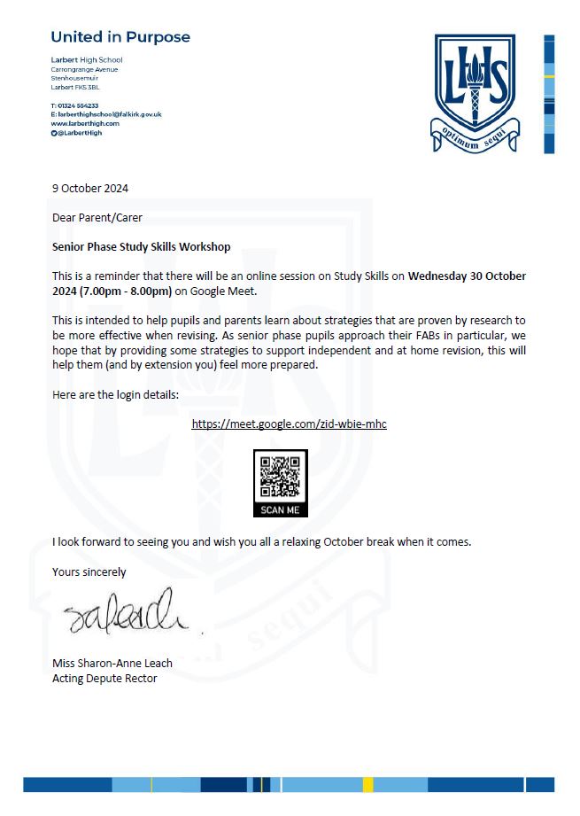 S4-S6 Study Skills Workshop on Wednesday 30 October.