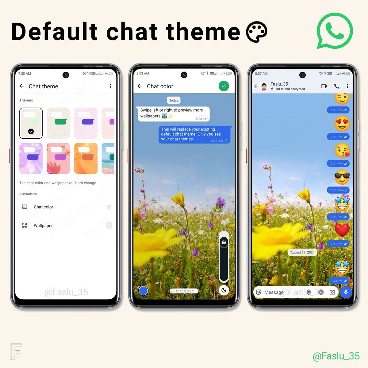 Faslu_35's tweet image. Default chat theme.
#WhatsApp now lets you customize your chat backgrounds with 20 colors on Android &amp;amp; iOS, offering a variety of design choices for their chats.
Select from 20 chat colors, 94 wallpapers, 27 solid colors/ set a custom image.
~ALT for more
#Androidthemes #Faslu_35