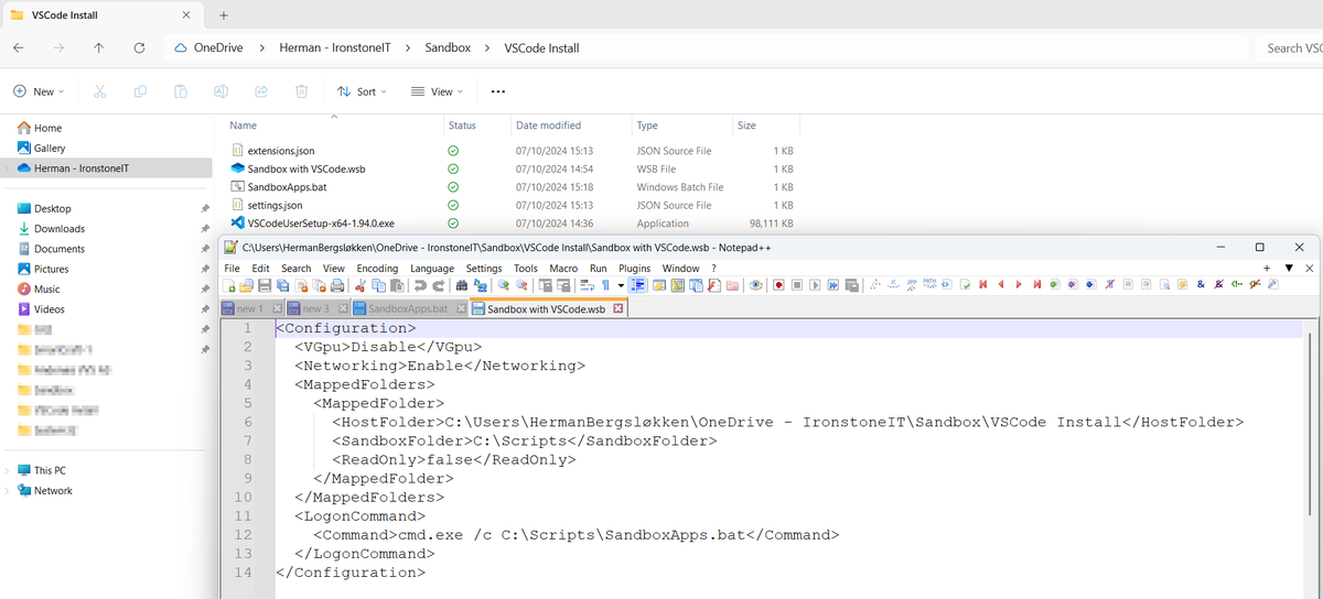 HBergslokken's tweet photo. I ended up with this quick workaround. Create a custom shortcut that automatically installs vscode when launching Sandbox. https://t.co/K5S5RfywVi