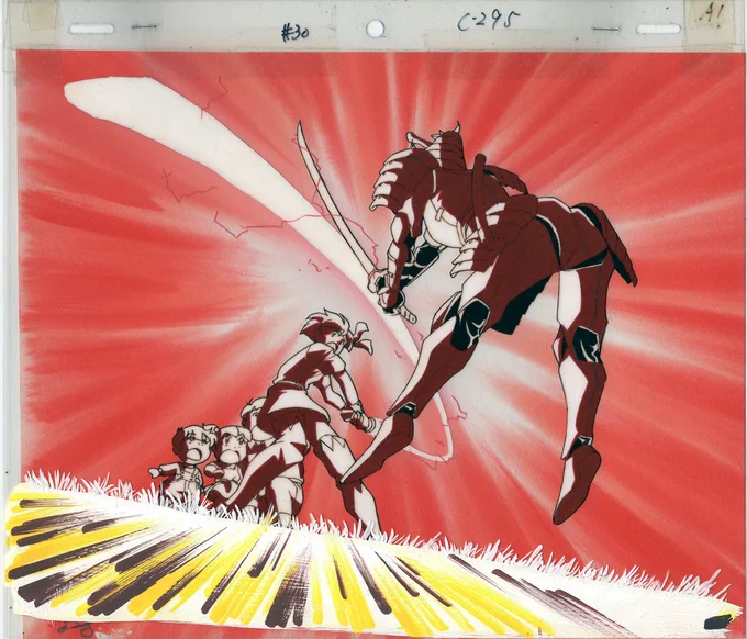 #天狗の日 続き。①イサミ後期OPの黒天狗様。セル画いっぱいの迫力サイズ。②黒天狗+四天王(LD-BOX、ビデオ用の原画)③蔵出し原画w最終回のカラス天狗七号。素顔で描いてますが、放送ではお面アリです(^^ゞ④第30話のイサミ対ヨロイ天狗。拡大してイサミのパンツ見ちゃダメですよ?(^_^;) 
