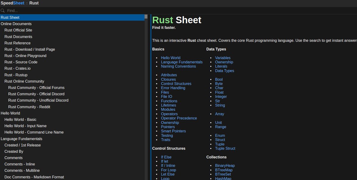 AstraKernel's tweet image. ✨SpeedSheet - Rust Sheet

- This is an interactive Rust cheat sheet. Covers the core Rust programming language. Use the search to get instant answers.

speedsheet.io

#rustlang