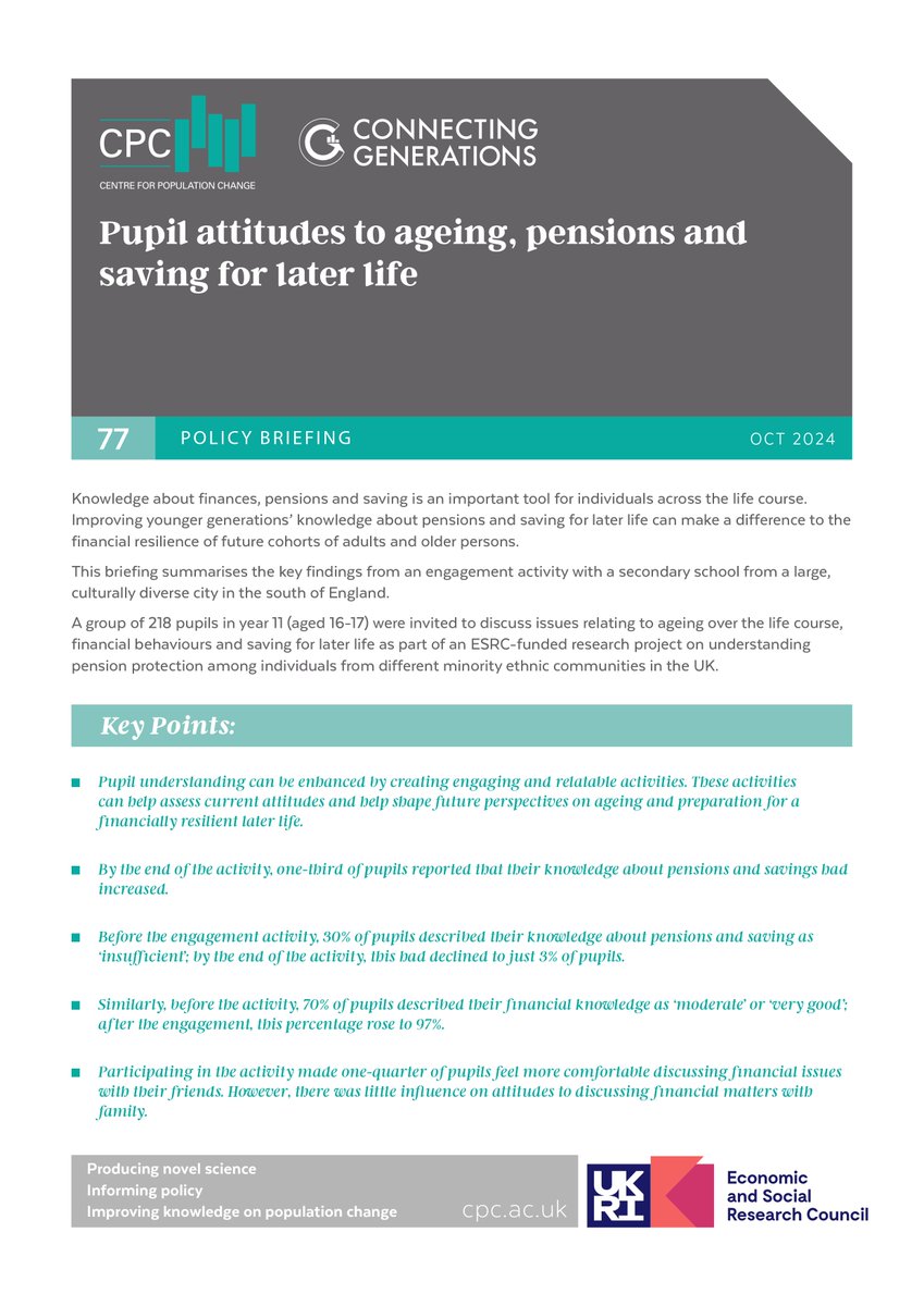 <a href="/CPCpopulation/">CPC (@cpc-cg.bsky.social 🦋)</a> latest policy brief on how pupils view ageing, pensions and savings for later life? After an engagement activity, part of an <a href="/ESRC/">Economic and Social Research Council</a> project, 97% feel now confident about their financial knowledge. Early financial education➡️brighter, more resilient futures
<a href="/DWPgovuk/">Department for Work and Pensions</a>