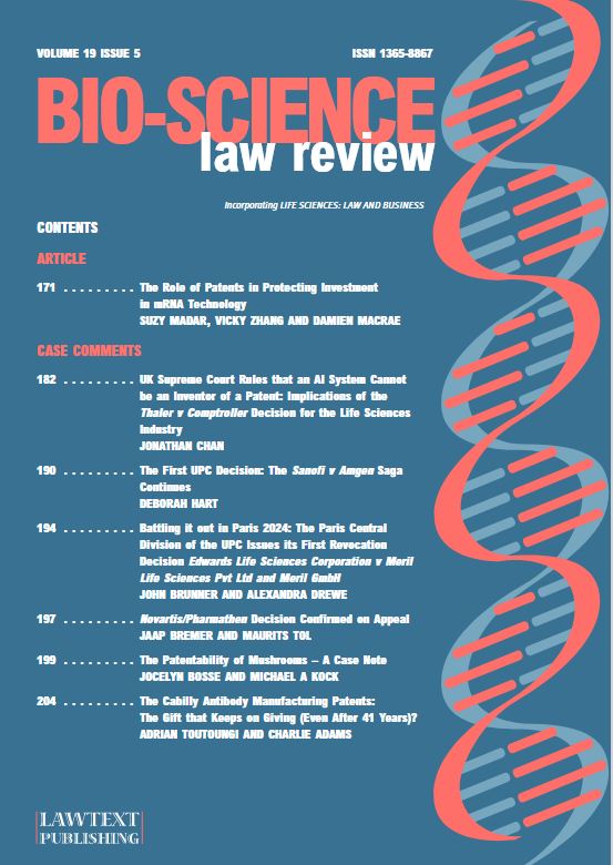 Lawtext Publishing Limited (@lawtextpub) on Twitter photo Bio-Science Law Review Vol19#5–subs see lawtext.com
Now online–please contact ltp@lawtext.com for access details
The Role of Patents in Protecting Investment in mRNA tech
Madar, Zhang & Macrae
#BSLR <a href="/kwmlaw/">King & Wood Mallesons</a> #mRNA #Patents #lifesciences #IPlaw #patentlifecyles #biotech Bio-Science Law Review Vol19#5–subs see lawtext.com
Now online–please contact ltp@lawtext.com for access details
The Role of Patents in Protecting Investment in mRNA tech
Madar, Zhang & Macrae
#BSLR <a href="/kwmlaw/">King & Wood Mallesons</a> #mRNA #Patents #lifesciences #IPlaw #patentlifecyles #biotech