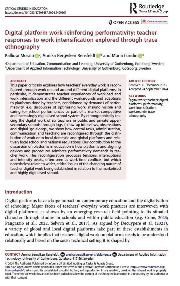 ⏰ New Open Access Article: “Digital platform work reinforcing performativity: teacherresponses to work intensification explored through traceethnography” Kalliopi Moraiti, Annika Bergviken Rensfeldt, and Mona Lundin. Read here:
tandfonline.com/doi/epdf/10.10…