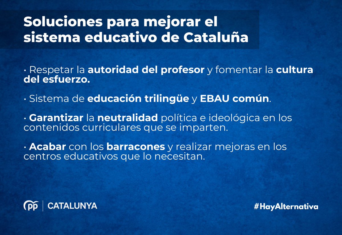La decadencia que sufre Cataluña por culpa de los sucesivos gobiernos independentistas, y la complicidad del PSC, ha hundido también la calidad educativa.

Illa ofrece la misma hoja de ruta que ERC y nosotros ofrecemos soluciones.

#HayAlternativa