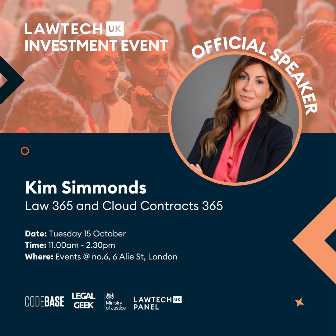 CC365_UK's tweet image. Exciting news! Our CEO, Kim, is speaking at the LawTechUK Investment Event on October 15th! Join her from 12:35 PM to 1:10 PM as she discusses how stakeholders can value lawtech products. Don’t miss it! #Lawtech #LegalInnovation #CloudContracts365