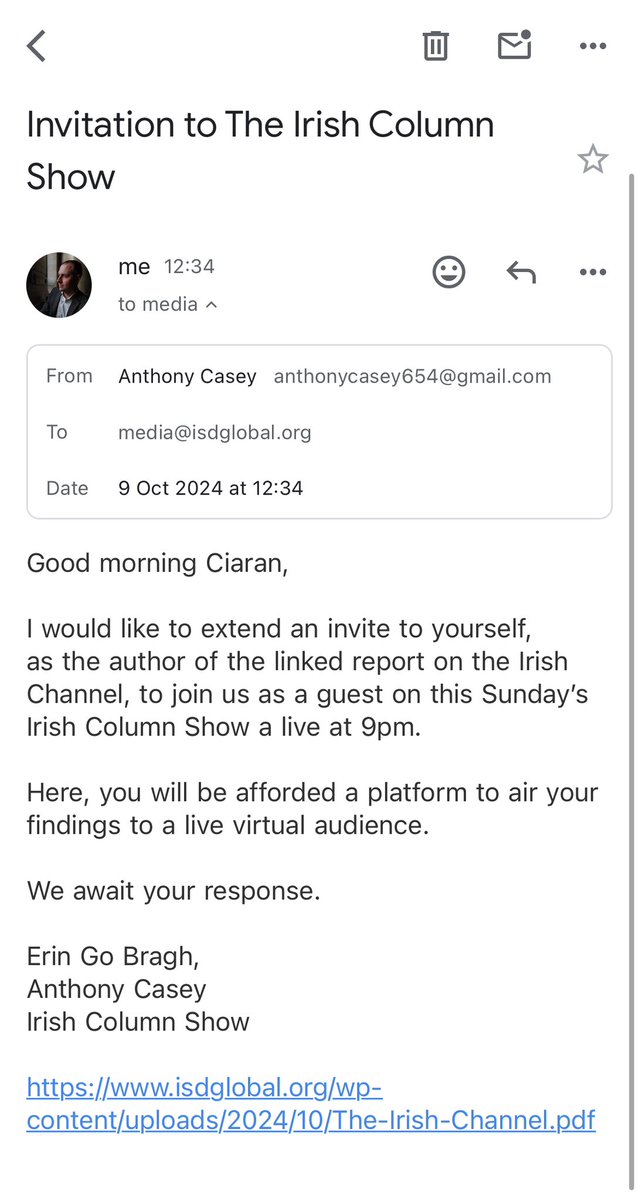 AnthonyLCasey's tweet photo. I have extended an invitation to @ciaranoconnor - the author of the recent ISD report on us, to come on live this Sunday on the Irish Column Show.
https://t.co/xeCcqbpU1a
We await his response.
#irishcolumnshow #isd #irishchannel #anthonycasey #paulfitzsimons #ciaranoconnor #irelandsaysno