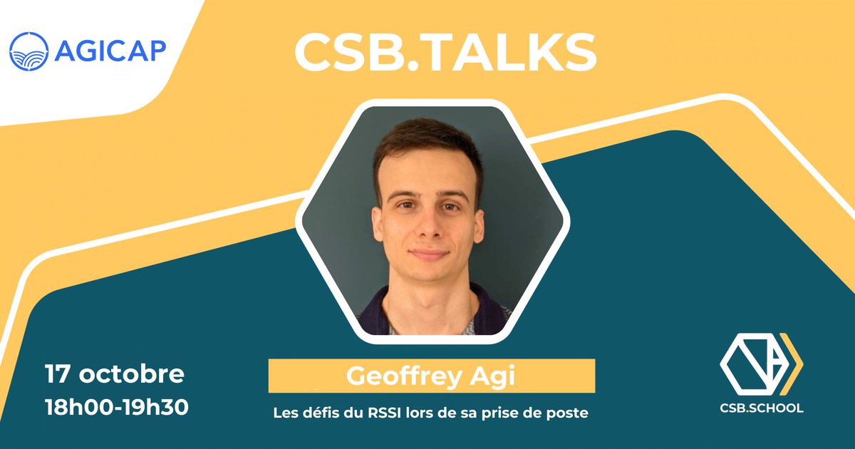 CSB_SCHOOL's tweet image. Pour ce deuxième CSB.TALKS, c&apos;est Geoffrey A. RSSI chez Agicap qui viendra animer une conférence sur le thème les défis liés à la prise de poste d&apos;un Responsable Sécurité des Systèmes d&apos;Information.

#csbtalks #cybersecurité #conférence #etudiant #RSSI #metiers #événement