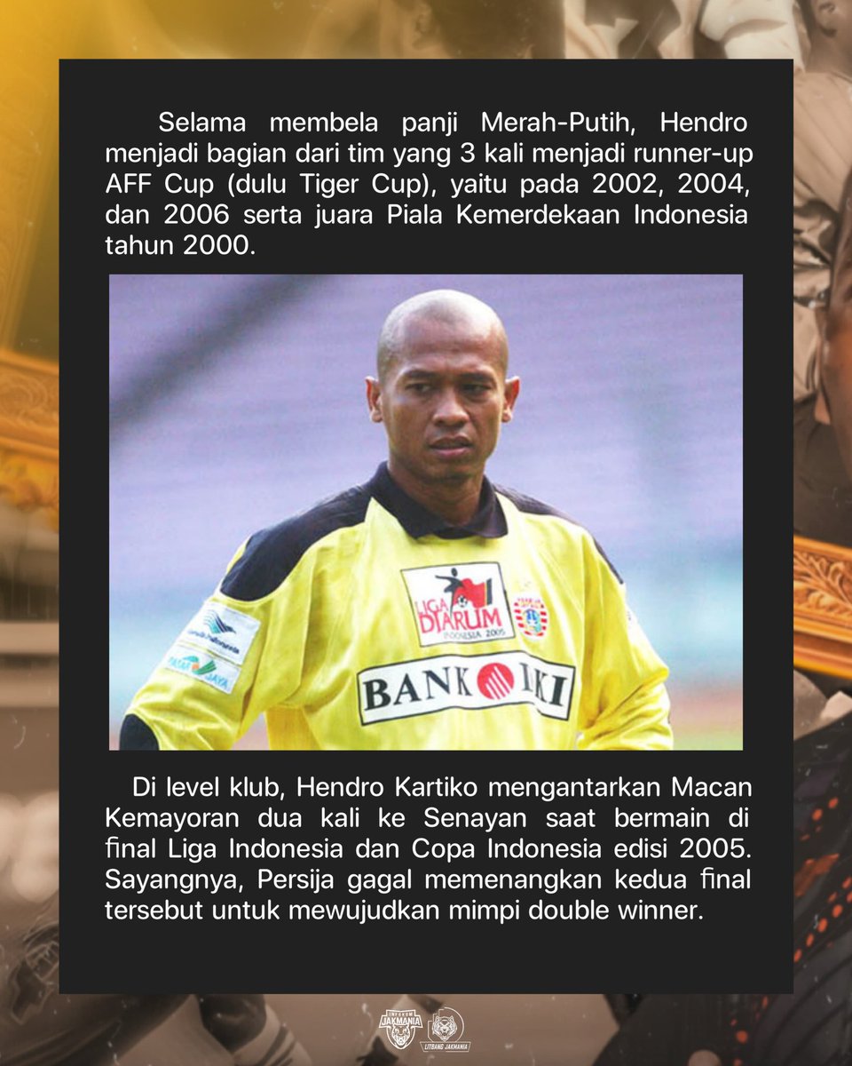 𝗟𝗲𝗴𝗲𝗻𝗱 𝗼𝗳 𝘁𝗵𝗲 𝗚𝗮𝗺𝗲!

Memainkan 60 caps bersama tim nasional Indonesia sejak 1996, Hendro Kartiko merupakan salah satu kiper terbaik yang pernah dimiliki Indonesia.

Berikut catatan singkat mengenai karir Hendro Kartiko yang dihimpun tim Litbang the Jakmania.