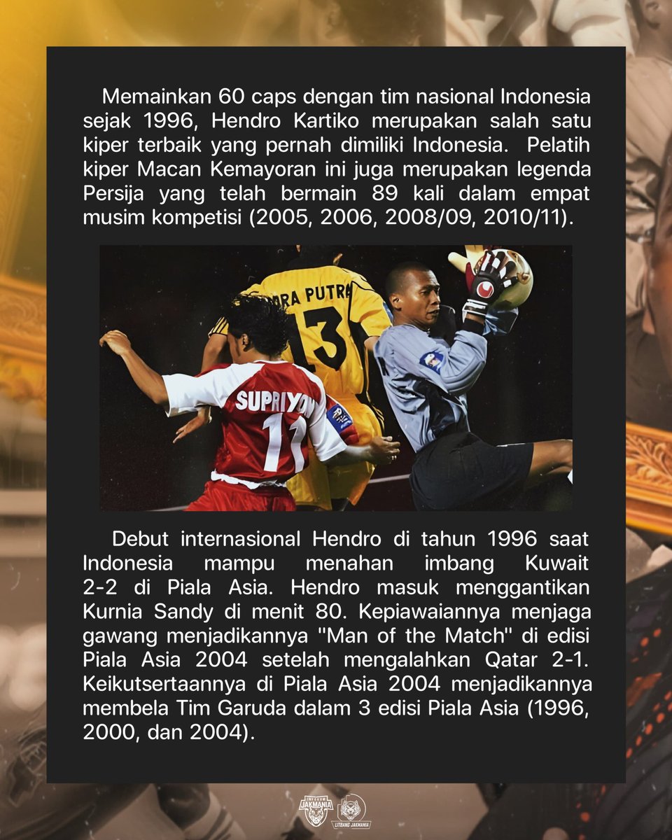 InfokomJakmania's tweet photo. 𝗟𝗲𝗴𝗲𝗻𝗱 𝗼𝗳 𝘁𝗵𝗲 𝗚𝗮𝗺𝗲!

Memainkan 60 caps bersama tim nasional Indonesia sejak 1996, Hendro Kartiko merupakan salah satu kiper terbaik yang pernah dimiliki Indonesia.

Berikut catatan singkat mengenai karir Hendro Kartiko yang dihimpun tim Litbang the Jakmania. https://t.co/Lk5gqdPVTX