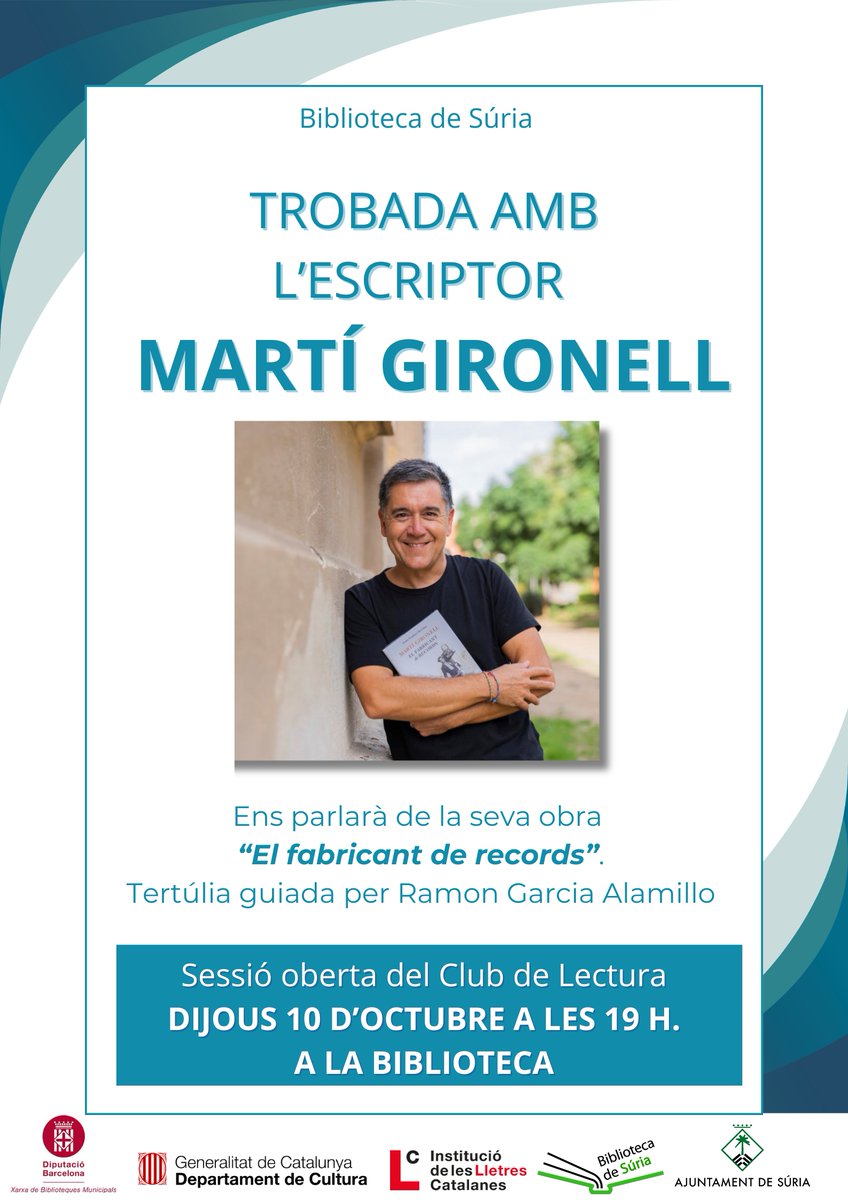 Demà a la tarda el <a href="/martigironell/">Martí Gironell</a> serà a la Biblioteca de Súria compartint la seva darrera novel·la 'El fabricant de records'. T'esperem Martí!