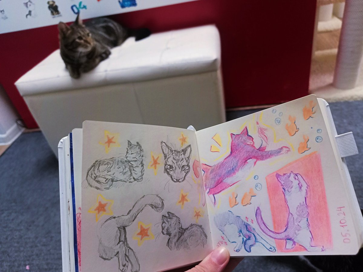 rouleaudefraise's tweet image. Recently visited cat cafe and made some quick doodles there. Man I wish I could live in a place like that lol