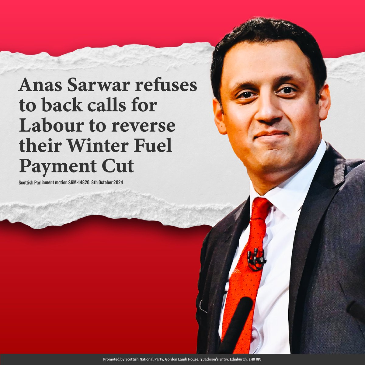 🌹 Anas Sarwar promised he would stand up to Keir Starmer in the interests of Scotland.

🥀 Last night,  he shamefully prioritised his relationship with his Westminster bosses rather demand UK Labour reverse their winter fuel payment cut.