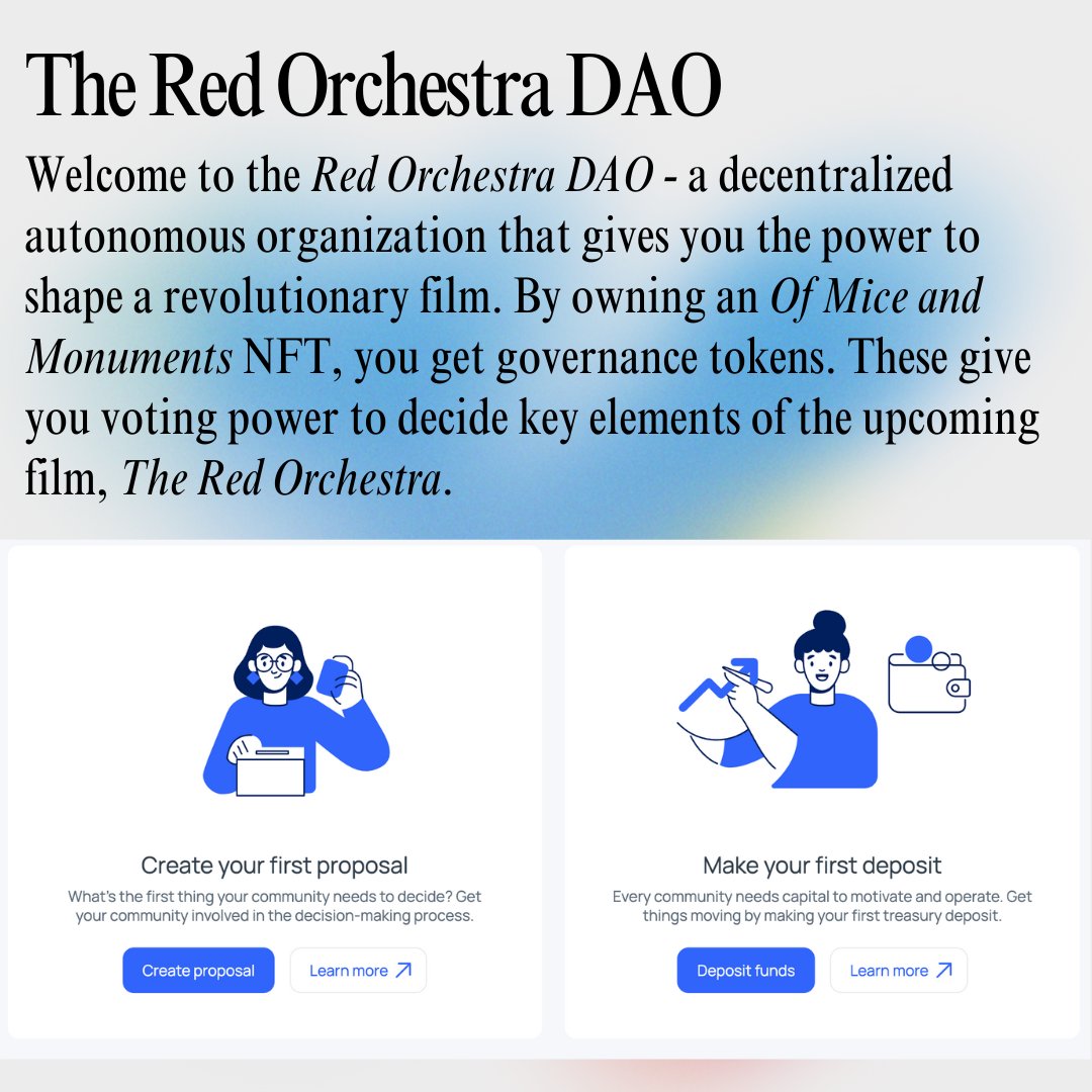 RedOrchestraDAO's tweet photo. We believe in decentralization, and Red Orchestra DAO lets YOU have a voice. Each NFT gives you access to governance, the chance to propose ideas, and shape the future of our project! 🗳️
#RedOrchestraDAO #OfMiceAndMonuments #art #ETH #NFT #Blockchain #CryptoCommunity #Web3 #DAO https://t.co/pm6T3lcNhx