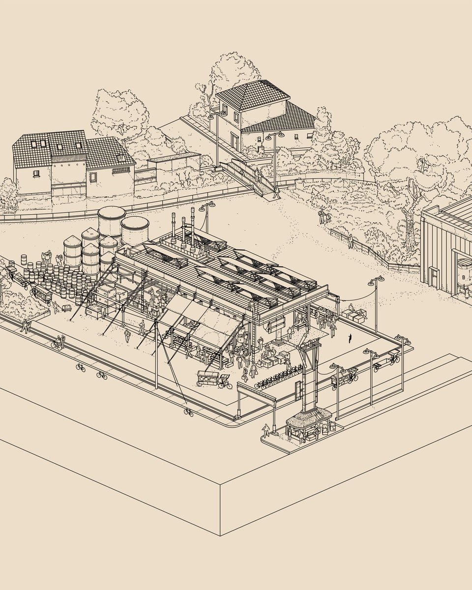 Process behind an isometric illustrations. Lots of steps to take the little thumbnail sketch sheets of various concepts all the way through to full colour final. Second image is a detailed crop of the line work before colouring.