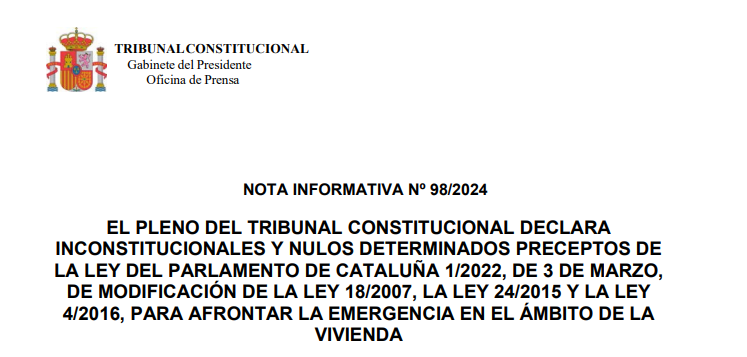 Nota de prensa | El Pleno del TC declara inconstitucionales y nulos varios preceptos de la Ley del Parlamento de Cataluña 1/2022 de modificación de la Ley 18/2007, la Ley 24/2015 y la Ley 4/2016, para afrontar la emergencia en el ámbito de la vivienda tribunalconstitucional.es/NotasDePrensaD…