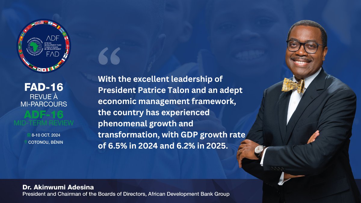 AfDB_Group's tweet image. The #AfricanDevelopmentFund countries are also showing resilience, posting real GDP growth rate of 3.7% in 2024, which is projected to rise to 4.3% in 2025. A great example is the Republic of #Benin, our #ADF16MTR host country. - @AfDB_Group President @akin_adesina.