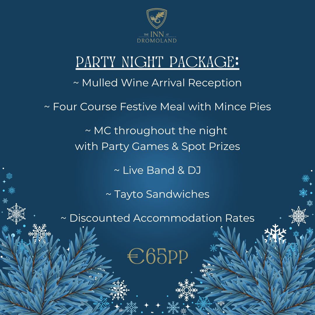 It's that time of the year again! 🥂⛄️🎄🎅 Plan you Christmas party now and join us <a href="/InnatDromoland/">The Inn at Dromoland</a> for one of our infamous party nights. Perfect for work colleagues, local organisations and groups of families/friends.
To book in call 061-368161 or email info@theinnatdromoland.ie